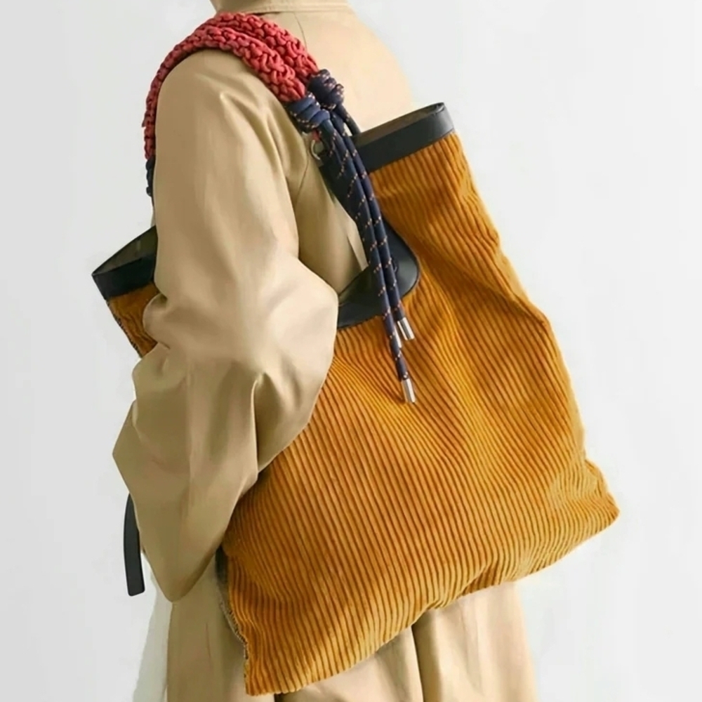 Stylish Mustard Tote Bag with Red and Blue Accents